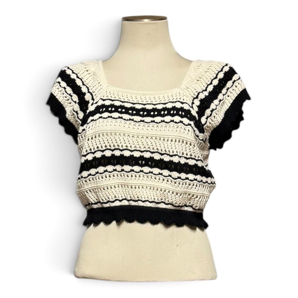 Freshman 1996 Cotton Cropped Sweater Square Neck Black Cream XL